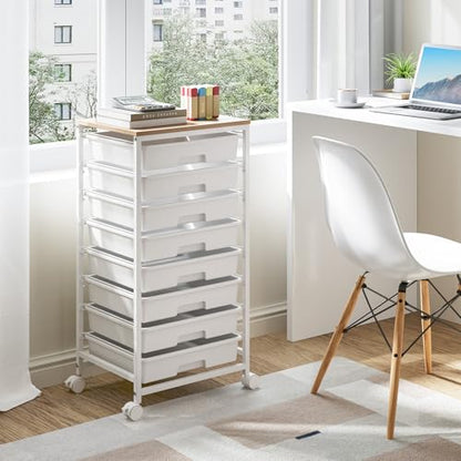 Storage Cart with 8 Drawers, Utility Cart with White Drawers and Wooden Tabletop, Craft Cart, Teacher Organization for Classroom,White - color: White