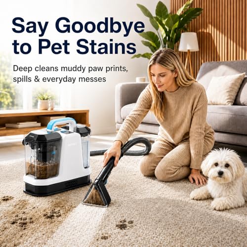 Upholstery Cleaner Machine & Carpet Cleaner | Portable Spot Cleaner with Strong Suction and Scrubbing Brush for Pet Stains, Spills on Couches, Rugs, Mattresses, Car Interiors (White) - color: White