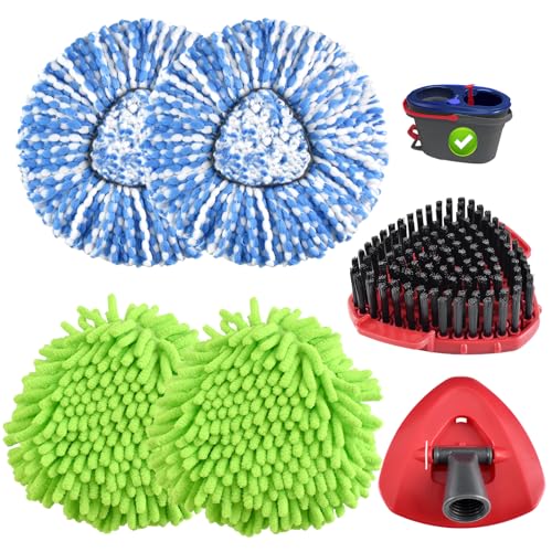 Mop Heads Replacements for Ocedar,Mop Replace Head for O Cedar Rinseclean 2 Tank,Spin Mop Replacement Head,Include 4 Chenille & Microfiber Mopp Refills,1 Scrubber Brush and 1 Base for Floor Cleaning - color: Blue & Green 2