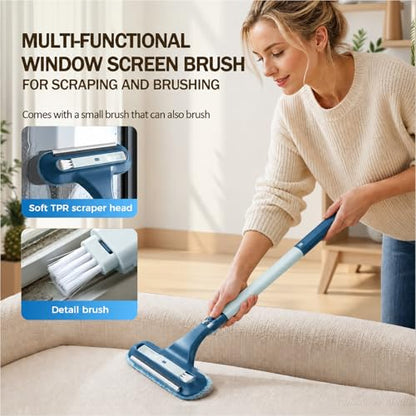 Window Screen Cleaning Brush, 3 in 1 Window Screen Cleaner Brush with Squeegee and Detachable Long Handle,Wet Dry Dual-Use Mesh Screen Cleaner Tool for Dusty Corners, Patio Door Porch Screens(Blue)