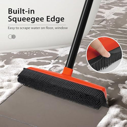 JEHONN Rubber Broom Carpet Rake Brush for Pet Hair with Squeegee, 52.8 inches Long Handle Silicone Fur Scraper Removal Tool with Detailing Lint Comb for Rug, Tile, Hardwood Floor Cleaning (Red) - color: Red
