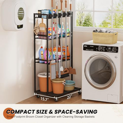Olakee Taller Broom Holder with Cleaning Supplies Organizer, Broom Closet Storage Cabinet with Mop Hanger Gripper Rack Hooks, Housekeeping Janitorial Cart with Cleaning Caddy, Garage Home Improvement - size: Elevated