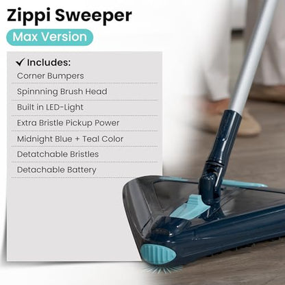 Zippi Sweeper Max - 2025 Version Lightweight Sweeper, Triangular Design Allows for Sweeping in Corners, Perfect for Short Carpet Hardwood and Tile, LED Light, 1 Hr Cleaning Time - style: Zippi Sweeper Max