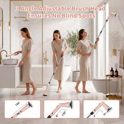 Electric Spin Scrubber, Hillyfe Bathroom Scrubber Electric with 7 Replaceable Brush Heads, IPX7 Waterproof,300/400 RPM, 3 Adjustable Length,Scrubber Brush Electric for Bathtub Floor,Pink - color: Pink