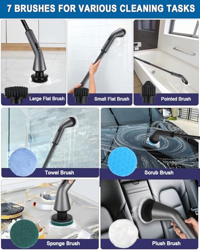 Electric Spin Scrubber -[Upgraded Version] [IPX7 Waterproof] Bathroom Scrubber Electric with 7 Brush Heads, 2 Speed, 400 RPM Power Scrubber with Detachable Long Handle for Bathroom, Home