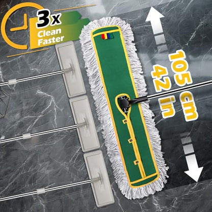42" Commercial Dust Mop for Floor Cleaning, MASTERTOP Large Flat Mop with Long Handle, Sweeping Broom with 2 Different Mops Pads, Industrial Mop for Hardwood, Tile, Gym, Office, Mall, Warehouse - color: Green(42"*12")