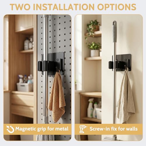 4pcs Magnetic Broom Holder Wall Mount, Black | 12.13lbs Heavy Duty, Mop and Broom Organizer, No Drill Tool Gripper, For Garage Home Office RV & Living Room