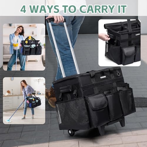 Large Rolling Cleaning Caddy Bag with Wheels, with Detachable Trolley, Cleaning Bags on Wheels for Housekeepers, Cleaning Cart Supplies Organizer for Home, Car, Picnic (Black) - color: Black