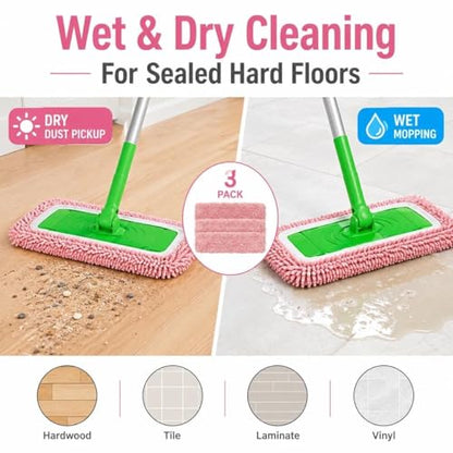 3 Pack Compatible with Swiffer Sweeper Mop, Reusable Machine Washable Flat Mop Replacement Pads, 9.84 x 4.33 Inch, Wet Dry Cleaning for Dust, Hair, and Sealed Hard Floors