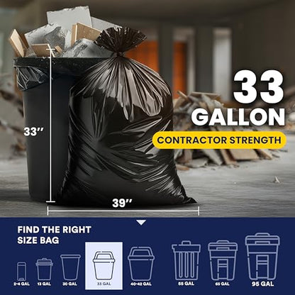 Plasticplace Contractor Trash Bags 33 Gallon - 3.0 Mil, Heavy Duty Garbage Bag 33” x 39”, Black, 50 Count - size: 1 Count (Pack of 50)