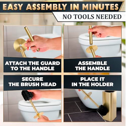 Gold Toilet Brush and Holder Set - Instantly Elevate Your Bathroom Style - Stainless Steel Toilet Bowl Brush and Holder with 2 Rounded Corners, Replaceable Head, Removable Inner Bowl & Splash Guard - color: Gold Squircle