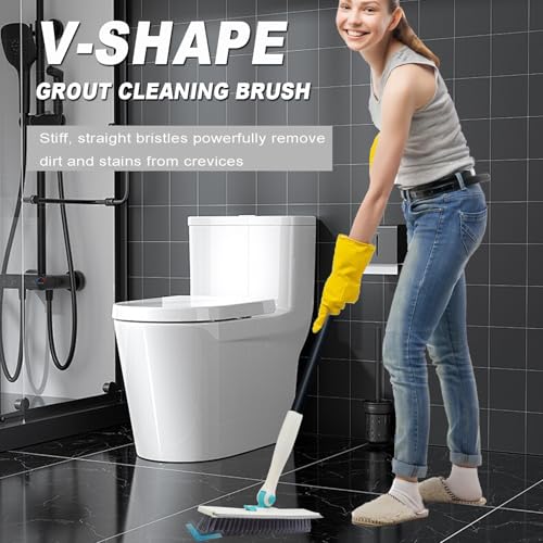 Grout Brush with Long Handle V Shape Floor Scrub Brush Stiff Bristle Grout Scrubber for Cleaning Bathroom Garage Kitchen Wall Tub Tile (1, White) - color: White