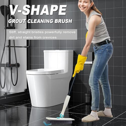 Grout Brush with Long Handle V Shape Floor Scrub Brush Stiff Bristle Grout Scrubber for Cleaning Bathroom Garage Kitchen Wall Tub Tile (1, White) - color: White