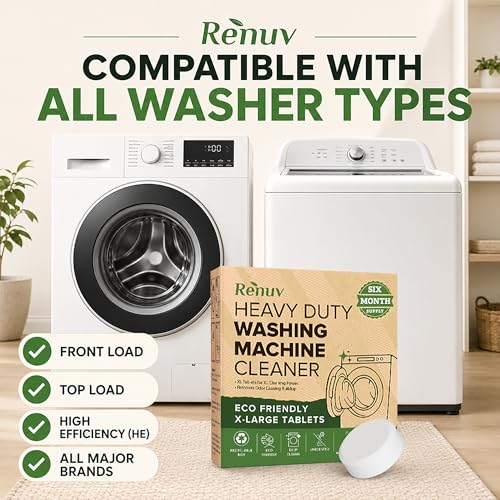 Renuv® Heavy Duty Washing Machine Cleaner & Descaler & Deodorizer Tablets | Deep Cleaning Tablets Remove Residue, Grime Buildup, Front Load or Top Load Washer, HE and Septic Safe, 6 Month Supply - style: 6 XL Tablets (6 Months)