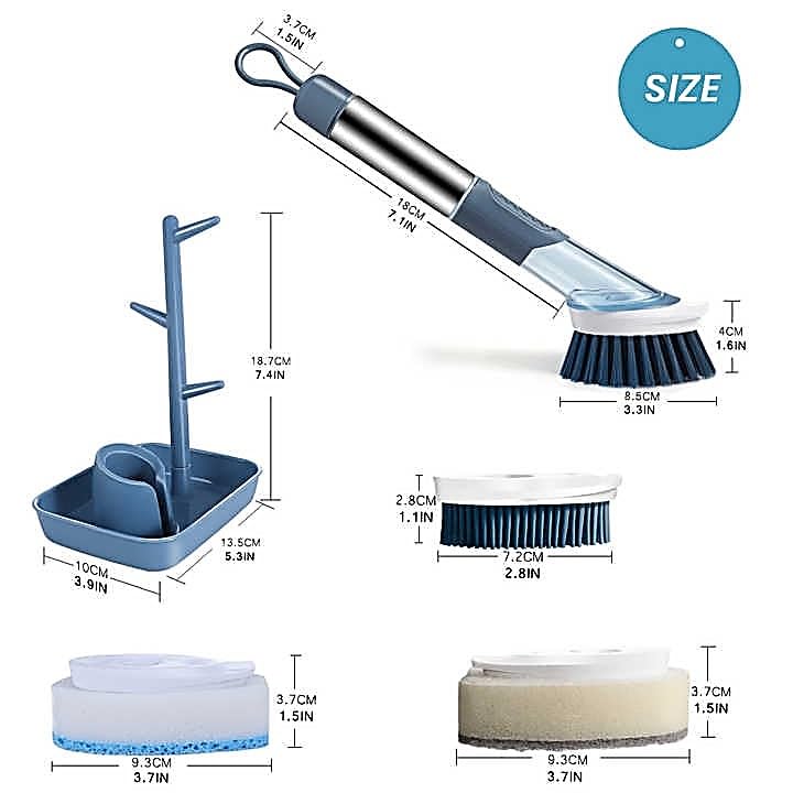 Soap-Dispensing Dish Washing Brush Set – Includes 4 Replaceable Heads & Stylish Storage Stand – Effortless Scrubbing for Dishes, Pots, Pans & Sinks