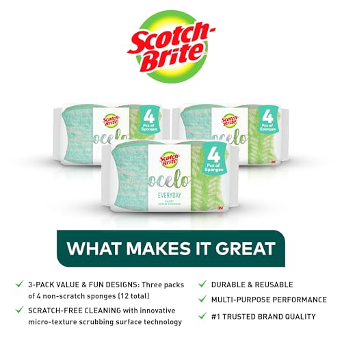 Scotch-Brite ocelo Non-Scratch Scrub Sponges, Assorted Designs, Scratch-Free for Nonstick Cookware & Dishes, Kitchen & Bathroom Use, Reusable Multi-Surface Cleaning Sponges (12 Count (Pack of 3)) - size: 3 packs of 4
