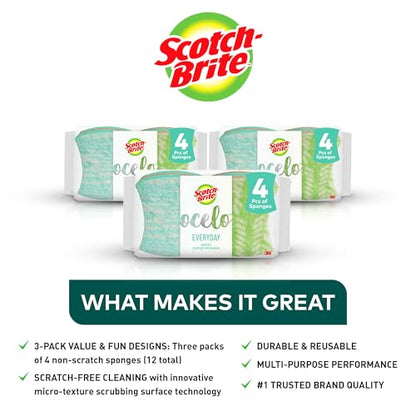 Scotch-Brite ocelo Non-Scratch Scrub Sponges, Assorted Designs, Scratch-Free for Nonstick Cookware & Dishes, Kitchen & Bathroom Use, Reusable Multi-Surface Cleaning Sponges (12 Count (Pack of 3)) - size: 3 packs of 4