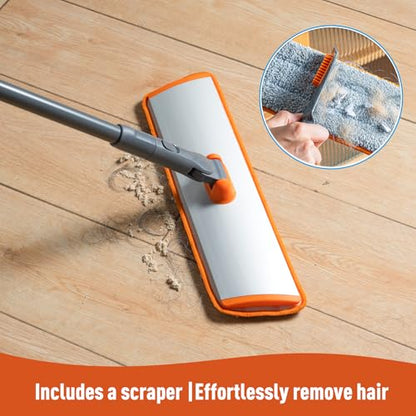 CLEANHOME Microfiber Mop Floor Dust Mop with Extendable Long Handle, Flat Mop with 4 Reusable Pads and 1 Dirt Removal Scrubber, Suitable for Home Kitchen Bathroom Living Room Cleaning | Telescopic Aluminum Flat Mop with Dust, Polish & Wet Wash Functions,&