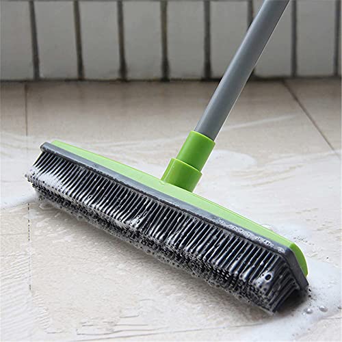 ASkinds Carpet Hair Removal Broom with Squeegee, Rubber Floor Broom, Adjustable Long Handle 49" Length for Pet Cat Dog Hair, Carpet Hardwood Tile Windows Clean, Water Resistant, Green
