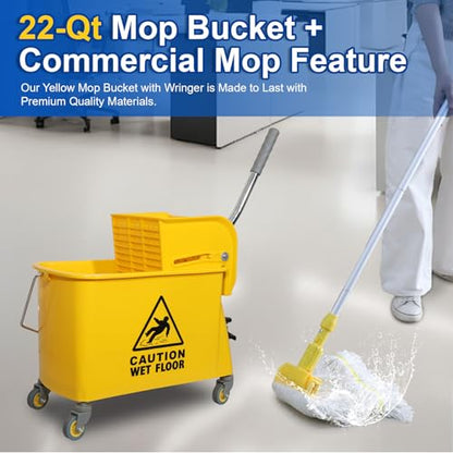 Midoneat Mop Bucket with Wringer, 22 Qt (5.5 Gallon), Handle, Wheels,Floor Cleaning, 16.5" L x 10.6" W x 26.4" H, Yellow,Add One Cotton Mop - size: 22