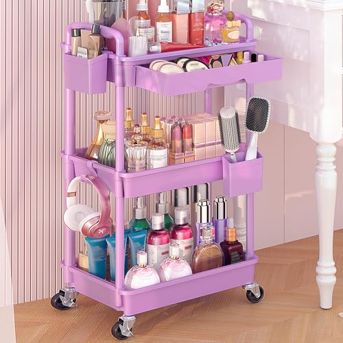 Goovilla Rolling Makeup Organizer Cart with Removable Drawer, 3 Tier Stable Purple Floor Skincare Storage Cart for Vanity, Cosmetic Display, Nail Polish, Perfume, Hair Stuff, Beauty, Bathroom(Plastic) - color: Purple, size: 3 Tier