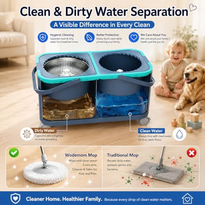 2026 Upgraded Gen 2 Spin Mop and Bucket Set with 4 Swivel Wheels for Easy Rolling, Separates Clean & Dirty Water, Floor Mop with 6 Washable Mop Heads for Wood, Tile, Vinyl, Baseboards - Grey/Blue - size: Grey/Blue Mop Bucket + 6 Extra Refill