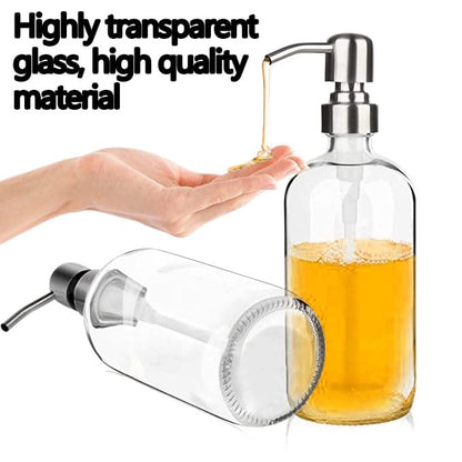 17 Ounce/ 500 ML Clear Glass Soap Dispenser with Stainless Steel Pump Refillable Liquid Hand Soap Dispenser Lotion Round Bottle Container for Kitchen, Bathroom, 1 Pack