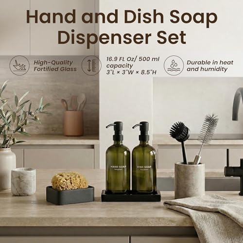 Maisonovo Kitchen Soap Dispenser Set - Hand and Dish Soap Dispenser Set with Green Glass Soap Dispenser, Black Pumps & Ceramic Tray - color: Green Bottles/ Black Pumps/ Black Ceramic Tray