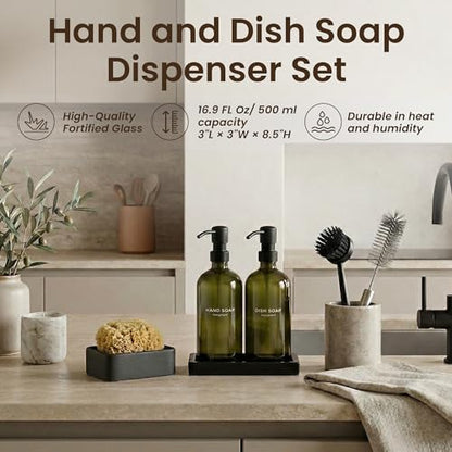 Maisonovo Kitchen Soap Dispenser Set - Hand and Dish Soap Dispenser Set with Green Glass Soap Dispenser, Black Pumps & Ceramic Tray - color: Green Bottles/ Black Pumps/ Black Ceramic Tray