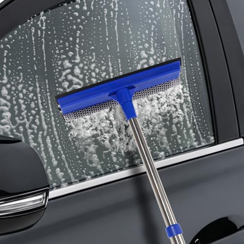 2-in-1 Car Windshield Squeegee and Sponge Scrubber for Cleaning and Washing, Rubber Blade Cleaner with Handle, Retractable car Wipers Suitable for All Vehicles, Blue