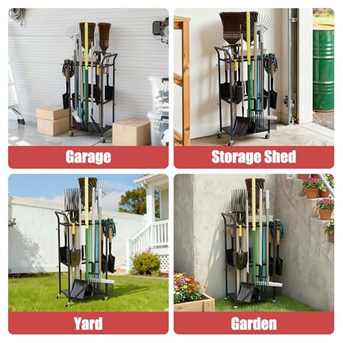 Faesun Garden Tool Organizer with Wheels, Heavy Duty Rolling Yard Tool Rack with 14 Hooks & 5 Slots, 3-Tier Metal Cart Holds 50+ Rakes/Shovels/Brooms, Mobile Lawn Storage for Garage Shed Outdoor - size: Stand-Wheels