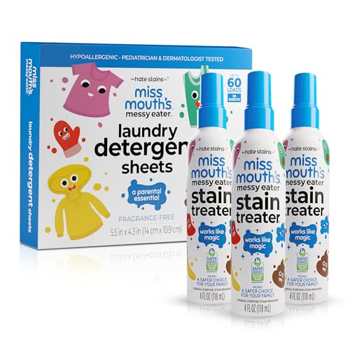 Miss Mouth's Stain Remover Spray & Detergent Sheet Bundle - 3 Bottles, 30 Sheets - On-the-Go Cleaning for Diaper Bag Essentials - Fresh & Set-In Stain Removal for Baby Laundry - style: 3 Pack + Detergent Sheets