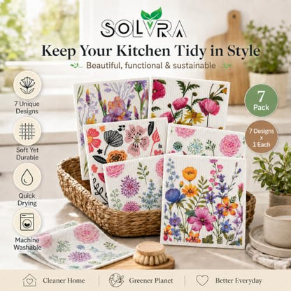 7 PCS Flower Print Swedish Dishcloths for Kitchen 100% Biodegradable, Reusable Cellulose Sponge Cloths Ultra Absorbent, Eco Friendly Cleaning Towels Dishcloths for Washing Dishes & General Cleaning - color: 7 Pcs-flowers Print