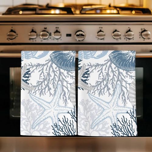Lack Blue Coastal Kitchen Towels Set, Ultra Absorbent Dish Towels Quick Drying Microfiber Hand Towel Decorative Large Grey Blue Sea Coral Starfish Nautical Tea Towel Dishcloths for Kitchen 18"x28" - color: Lake Blue, Gray, size: 1 Pack