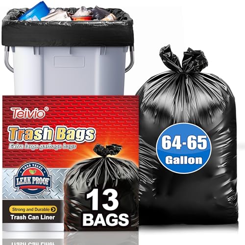 Teivio Black Large Trash Bags 64-65 Gallon 13 Count | Large Multipurpose | Fit 60,62,63,64,65 gallon Garbage Bin Liner | Kitchen | Lawn And Leaf Bags Outdoor Yard Waste Bag | Workshops Trash - size: 1 Count (Pack of 13), style: 13pcs-64 65 Gallon-Black