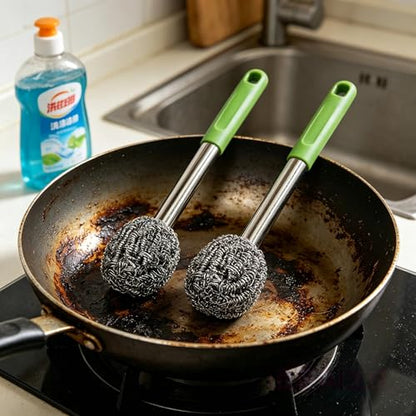2PCS Steel Wool Scrubber with Handle Rustproof, Cast Iron Scrubber, Stubborn Messes Pot Brush, Remove Dirt for Cleaning Stoves,Sinks Dishes Grills Bowls & Metal Wire Sponge for Kitchens - color: Green