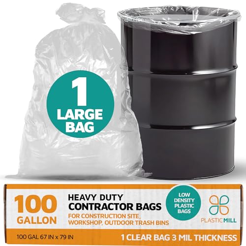 PlasticMill Contractor Bags Heavy Duty - Commercial, Industrial Garbage Bags - Clear Construction Trash Bags - Outdoor, Garden Trash Bags, 100-Gallon, 3 Mil, 67"x79" (1-Count)
