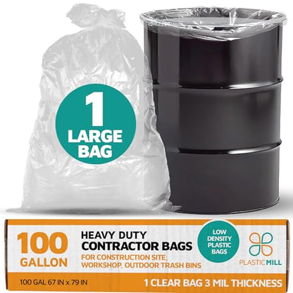 PlasticMill Contractor Bags Heavy Duty - Commercial, Industrial Garbage Bags - Clear Construction Trash Bags - Outdoor, Garden Trash Bags, 100-Gallon, 3 Mil, 67"x79" (1-Count)