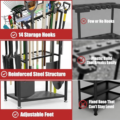 Faesun Garden Tool Organizer, 3-Tier Metal Yard Tool Rack with 14 Hooks & 5 Slots, Holds 50+ Rakes/Shovels/Brooms, Heavy Duty Freestanding Lawn Tool Storage for Garage Shed Outdoor Organization - size: Stand