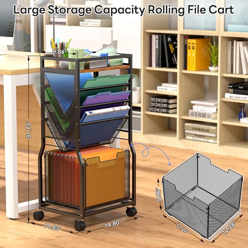 DAOUTIME 8 Tier Rolling File Cart with Hanging File Folder Organizer, Mobile File Organizer with 2 Sides Access Bookcase, Beside/Under Desk Cart with Wheels for Office Home School
