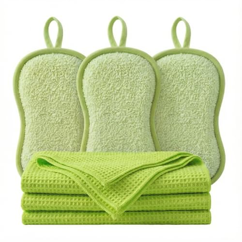 6Pcs Microfiber Cleaning Cloths & Sponges Set - 3Pcs Absorbent Towels + 3Pcs Dual-Sided Scrub Sponges - for Kitchen, Car, Bathroom, Dishes and Hard Surfaces(Green) - color: Green