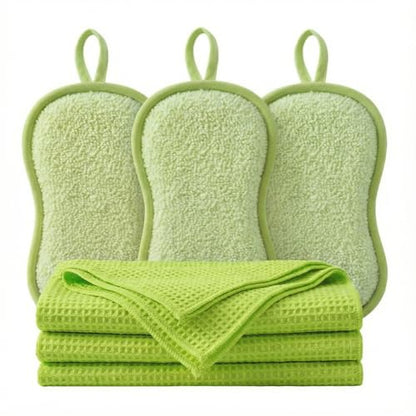 6Pcs Microfiber Cleaning Cloths & Sponges Set - 3Pcs Absorbent Towels + 3Pcs Dual-Sided Scrub Sponges - for Kitchen, Car, Bathroom, Dishes and Hard Surfaces(Green) - color: Green