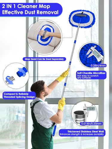 2 in 1 Lightweight Wall Cleaner Mop with Long Handle 75" 190cm Lint-Free Duster Cleaning Tool 2 Replacement Microfiber Chenille Pads for Kitchen Baseboard Ceiling Floor Window Door Scrubber Brush,Blue - color: Blue