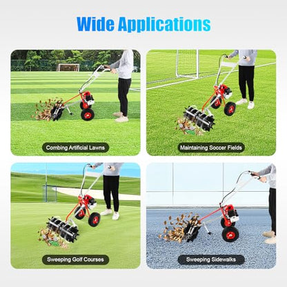 43CC 2 Stroke Power Broom Sweeper Cordless, 1.7HP Handheld Gas Power Held Sweeper Broom Grass Walk Behind Hand Lawn Sweeper with Wheels, Outdoor Turf Lawn Sweepers for Yard, Lawn, Driveway, Snow