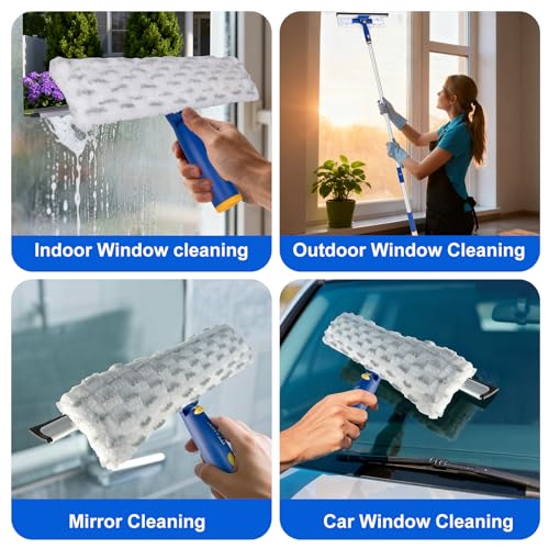 Squeegee for Window Cleaning with Extendable Pole, 53" 2-in-1 Window Cleaning Tool Kit, Shower Squeegee with Long Handle, Indoor/Outdoor High Window Cleaning-Two Pads - size: 53"
