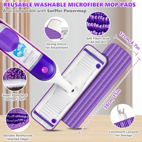Microfiber Spray Mops for Floor Cleaning - SEVENMAX Dry Wet Floor Mop with Sprayer 3 Washable Pads fit Swiffer Powermop for Hardwood Laminate Tile Wood Vinyl Ceramic Home Kitchen Cleaning - size: White Purple Mop - 3 Pads