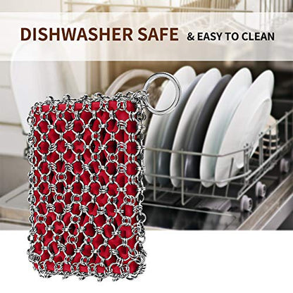 Herda 316L Cast Iron Scrubber Cleaner, Large Cast Iron Chain Mail Scrubber - Chainmail Scrubber Sponge - Metal Skillet Scrubbing, Wok, Dutch Oven Cleaning Kit - color: Red