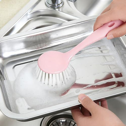 Dish Brush with Handle 2PCS Stiff Bristles Dish Scrubber Long Handle Kitchen Scrub Brush for Cleaning Dishes, Pots and Pans, Kitchen Sink (2PCS, 9.44x2.75 in) - color: Pink 2pcs