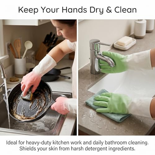 Cleaning Gloves 2 Pairs, Medium Reusable Dishwashing Gloves Honeycomb Non-Slip Grip, Waterproof Long Cuff Household Gloves for Kitchen Dishes Bathroom Laundry Pet Bath, Mint Green & Pink for Women