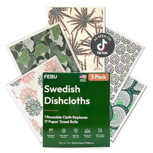 FEBU Swedish Dishcloths for Kitchen | 5 Pack Botanique Reusable Paper Towels Washable | Swedish Dish Towels | Non-Scratch Cellulose Sponge Cloths | No Odor, Biodegradable Cleaning Cloths - color: Botanique